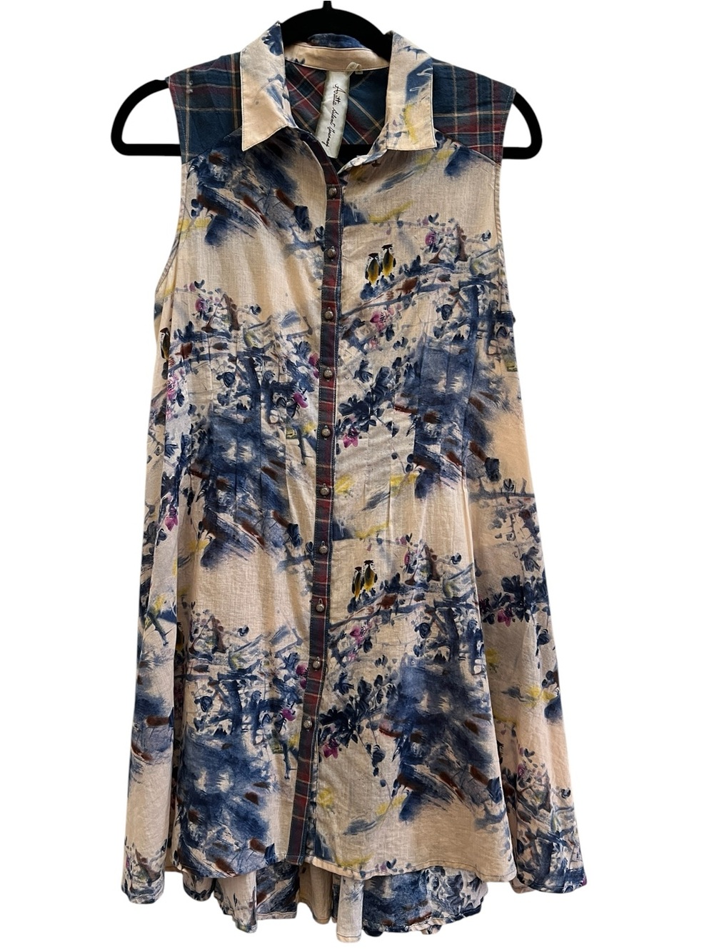 Aratta Silent Journey Mixed Print Tunic Dress Plaid Back Boho - Picture 2 of 7